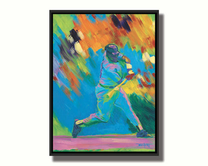 A colorful painting of a baseball player swinging a bat. The wide spectrum of vibrant colors are applies with thick brushstrokes, creating a sense of movement. Printed on canvas in a float frame.