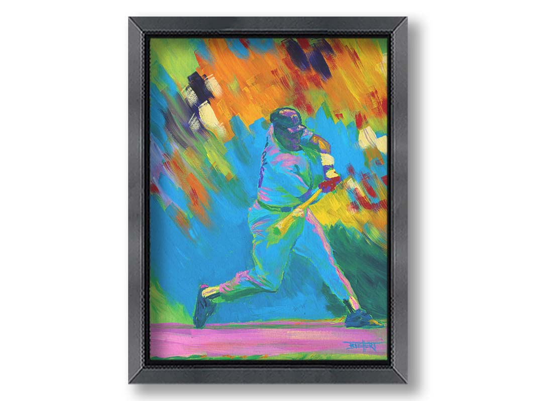 A colorful painting of a baseball player swinging a bat. The wide spectrum of vibrant colors are applies with thick brushstrokes, creating a sense of movement. Printed on canvas and framed.