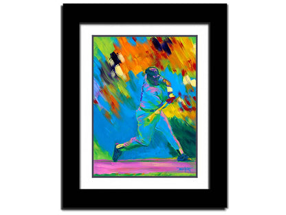 A colorful painting of a baseball player swinging a bat. The wide spectrum of vibrant colors are applies with thick brushstrokes, creating a sense of movement. Printed on paper, matted, and framed.