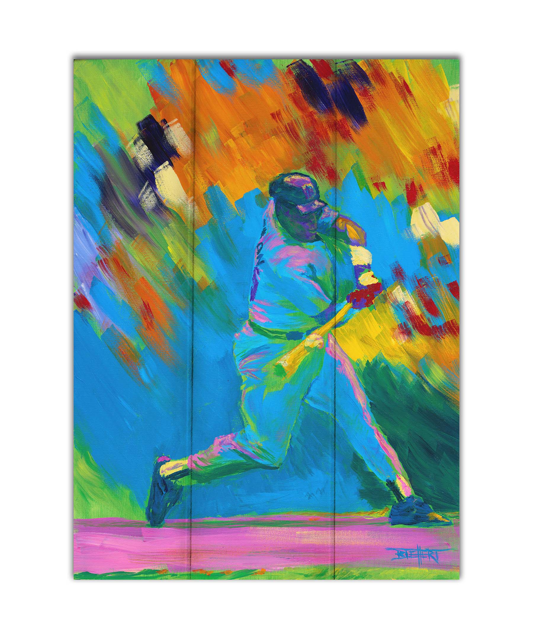 A colorful painting of a baseball player swinging a bat. The wide spectrum of vibrant colors are applies with thick brushstrokes, creating a sense of movement. Printed on a box board.