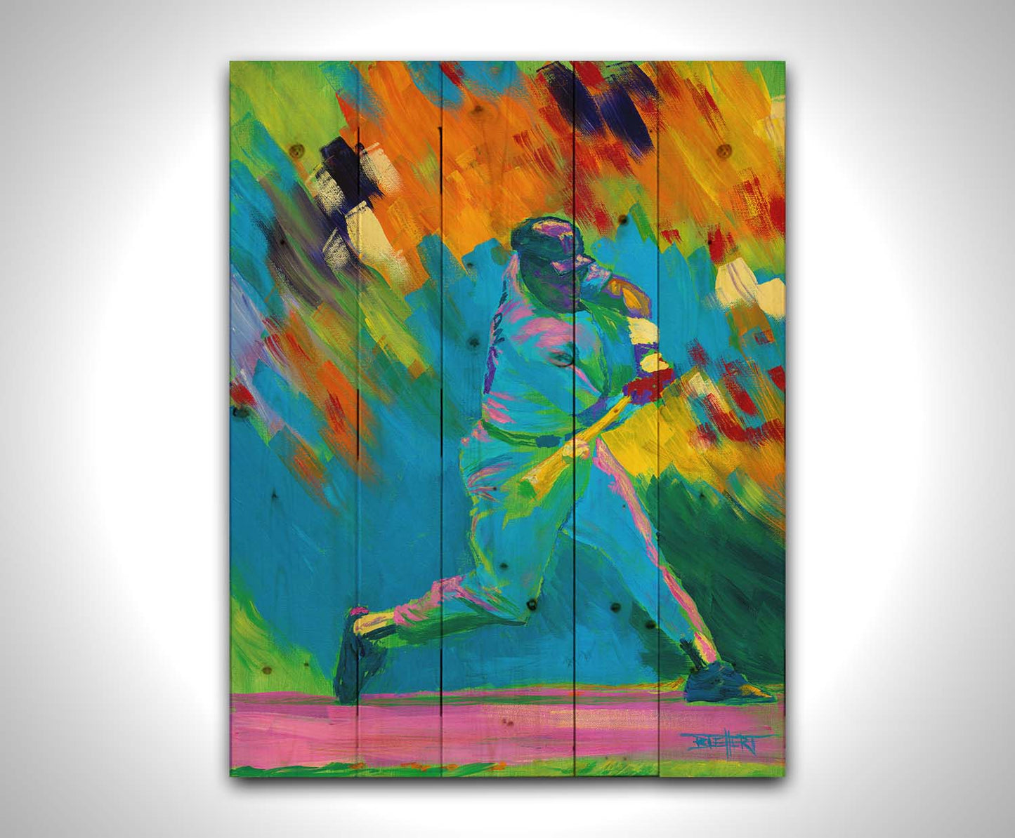 A colorful painting of a baseball player swinging a bat. The wide spectrum of vibrant colors are applies with thick brushstrokes, creating a sense of movement. Printed on a wood pallet.