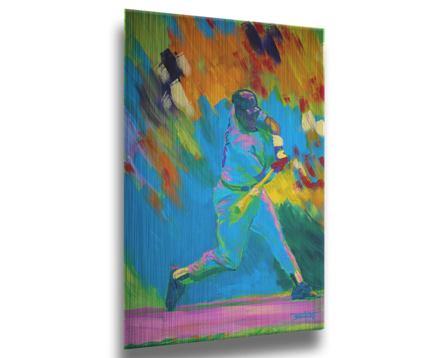 A colorful painting of a baseball player swinging a bat. The wide spectrum of vibrant colors are applies with thick brushstrokes, creating a sense of movement. Printed on metal.