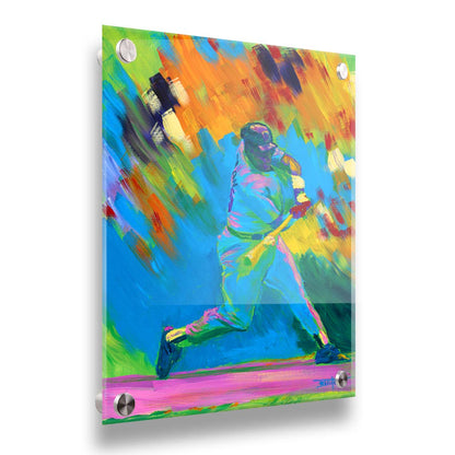 A colorful painting of a baseball player swinging a bat. The wide spectrum of vibrant colors are applies with thick brushstrokes, creating a sense of movement. Printed on acrylic.