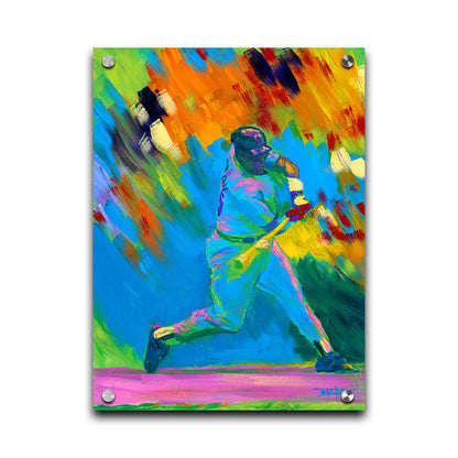 A colorful painting of a baseball player swinging a bat. The wide spectrum of vibrant colors are applies with thick brushstrokes, creating a sense of movement. Printed on acrylic.