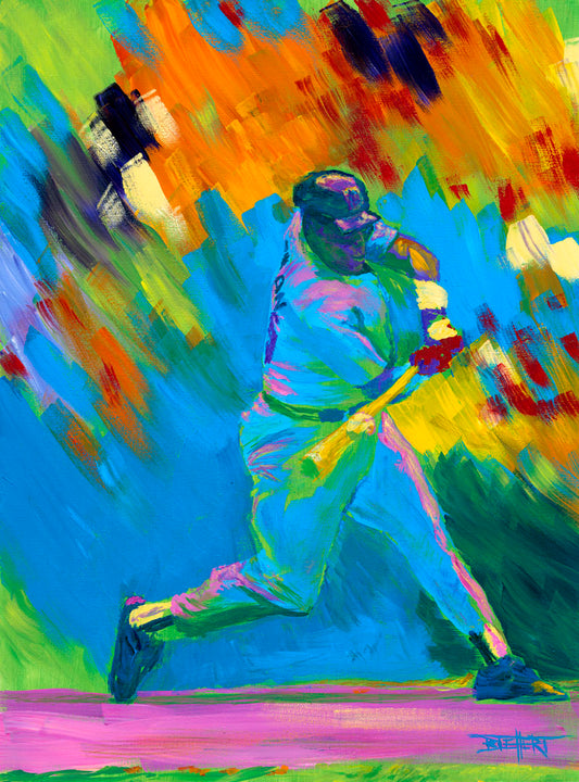 A colorful painting of a baseball player swinging a bat. The wide spectrum of vibrant colors are applies with thick brushstrokes, creating a sense of movement.