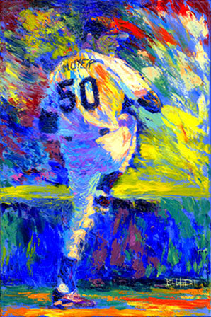 A contemporary portrait painting of famed Seattle Mariners pitcher Jamie Moyer winding up a throw, painted with vibrant colors straight from the tube with high-energy, unblended brushstrokes.