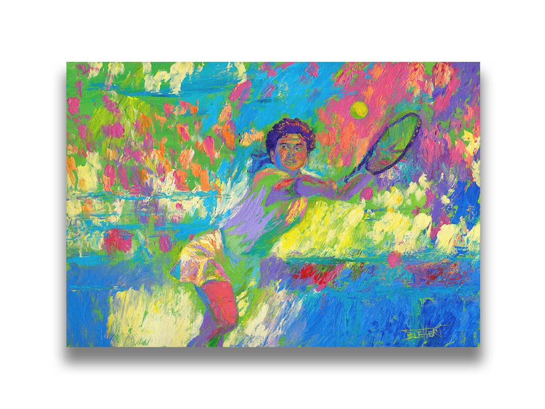 A colorful painting of a tennis player in action, running to hit the ball. Changes in unblended color throughout the background suggest a crowd of fans watching the match. Printed on canvas.