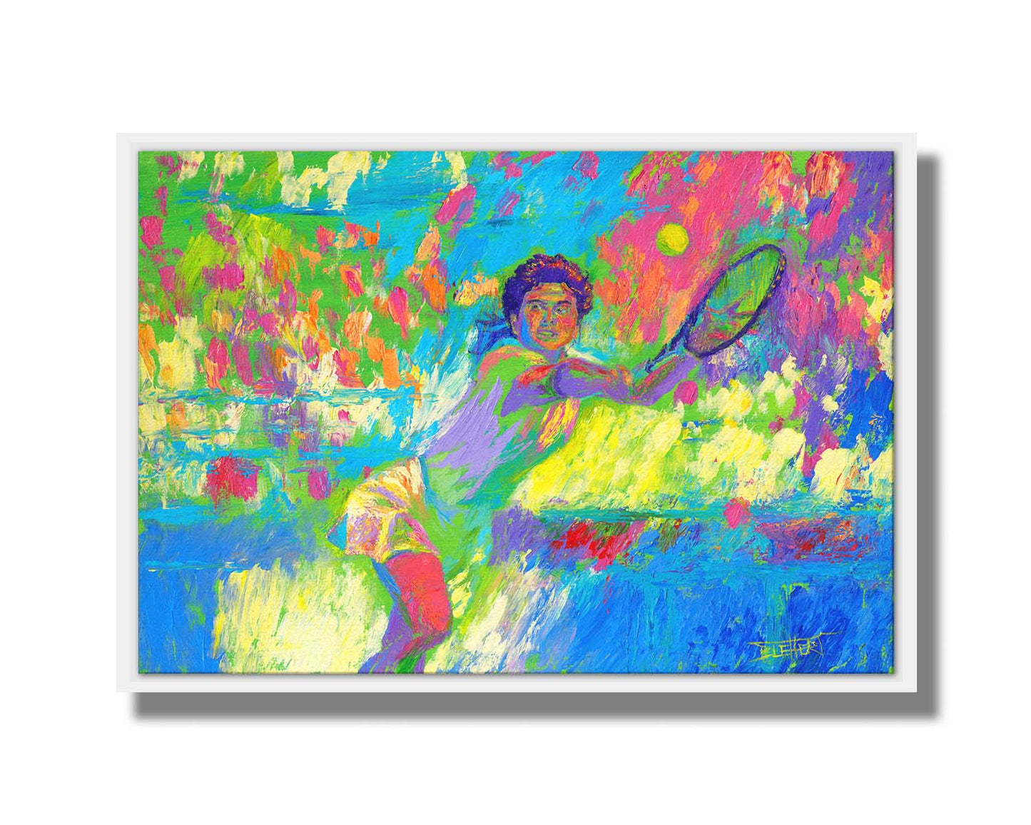 A colorful painting of a tennis player in action, running to hit the ball. Changes in unblended color throughout the background suggest a crowd of fans watching the match. Printed on canvas in a float frame.