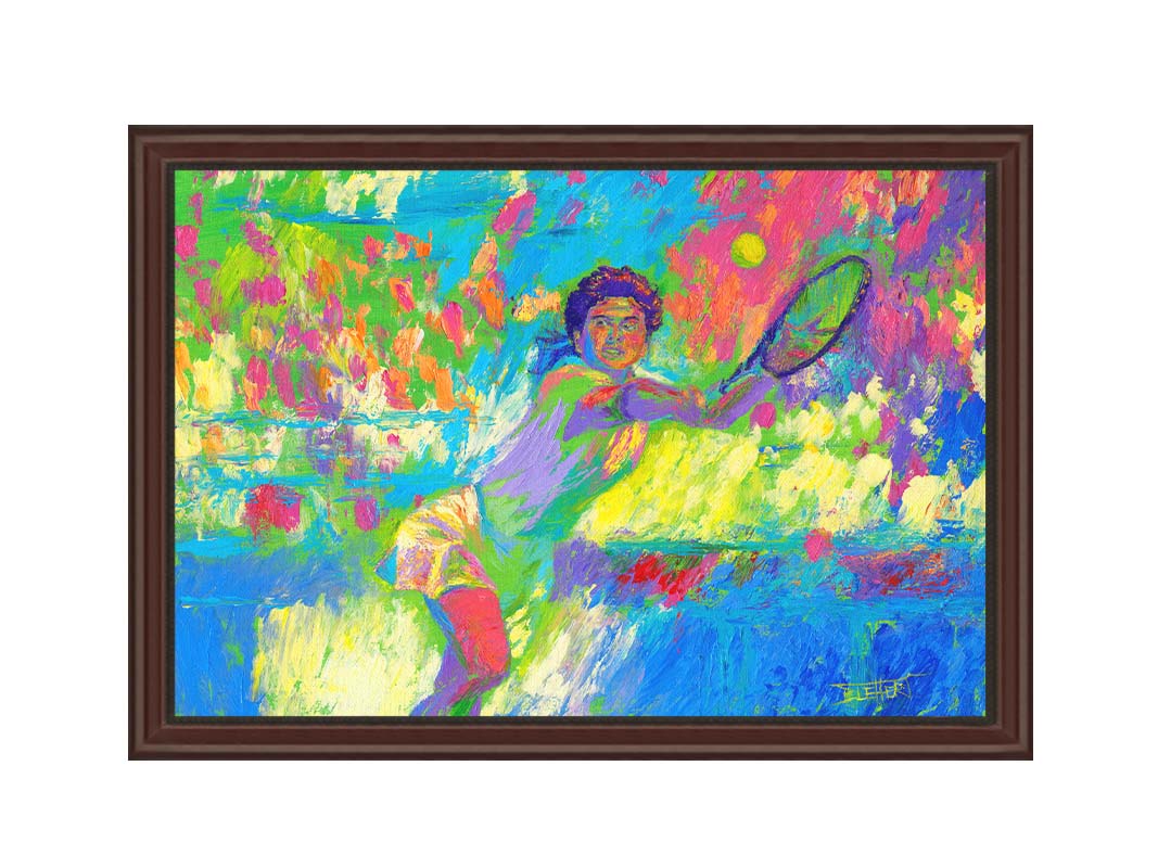 A colorful painting of a tennis player in action, running to hit the ball. Changes in unblended color throughout the background suggest a crowd of fans watching the match. Printed on canvas and framed.