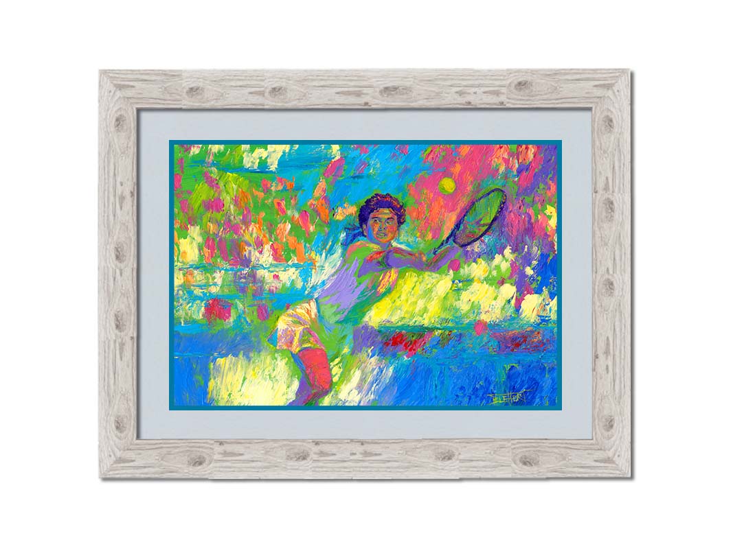 A colorful painting of a tennis player in action, running to hit the ball. Changes in unblended color throughout the background suggest a crowd of fans watching the match. Printed on paper, matted, and framed.