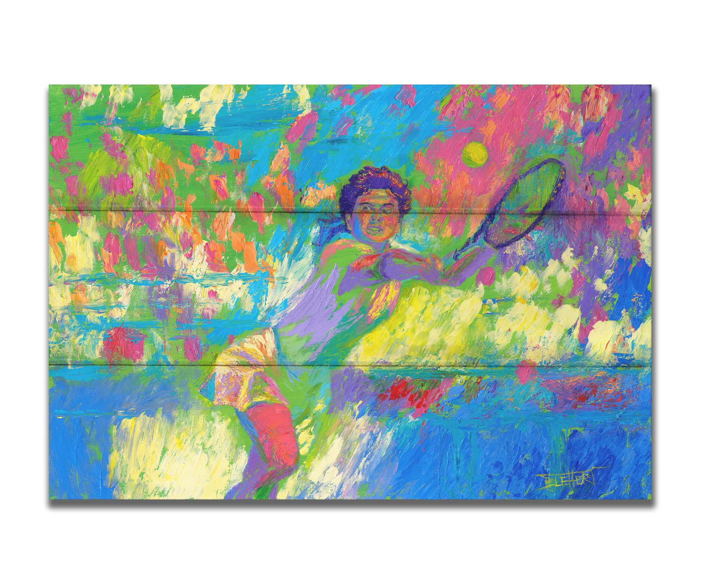 A colorful painting of a tennis player in action, running to hit the ball. Changes in unblended color throughout the background suggest a crowd of fans watching the match. Printed on a box board.