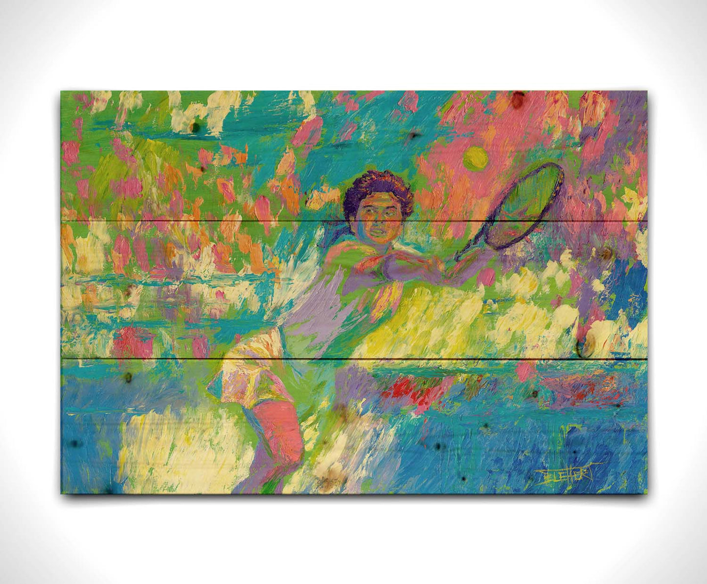 A colorful painting of a tennis player in action, running to hit the ball. Changes in unblended color throughout the background suggest a crowd of fans watching the match. Printed on a wood pallet.