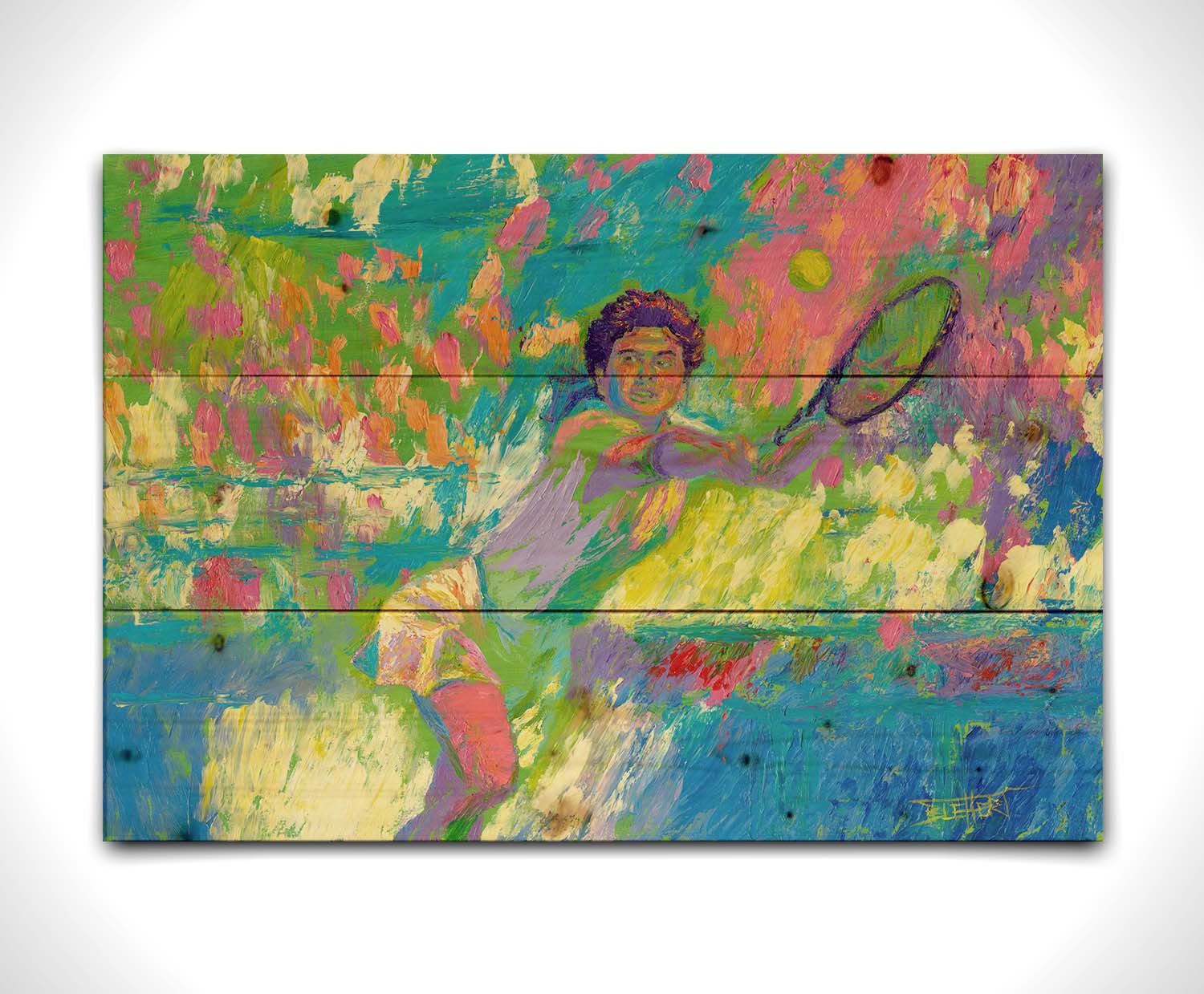 A colorful painting of a tennis player in action, running to hit the ball. Changes in unblended color throughout the background suggest a crowd of fans watching the match. Printed on a wood pallet.