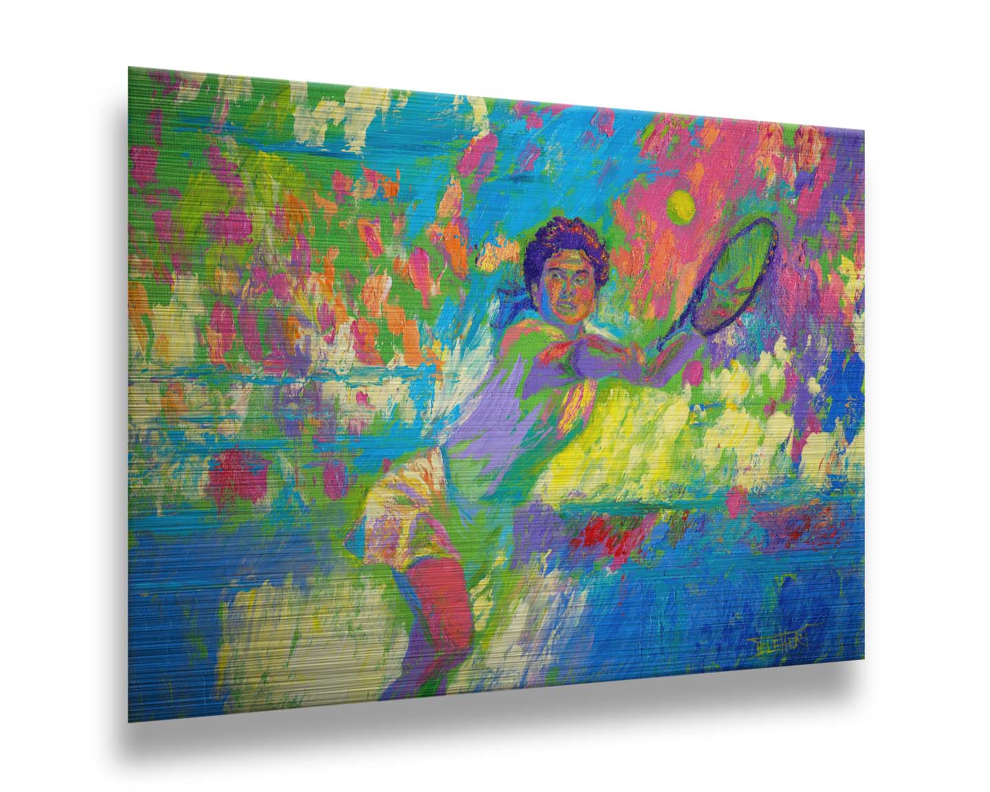 A colorful painting of a tennis player in action, running to hit the ball. Changes in unblended color throughout the background suggest a crowd of fans watching the match. Printed on metal.