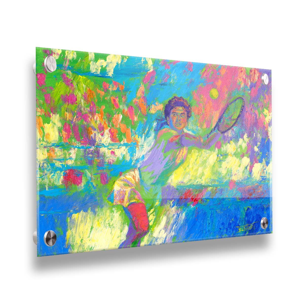 A colorful painting of a tennis player in action, running to hit the ball. Changes in unblended color throughout the background suggest a crowd of fans watching the match. Printed on acrylic.