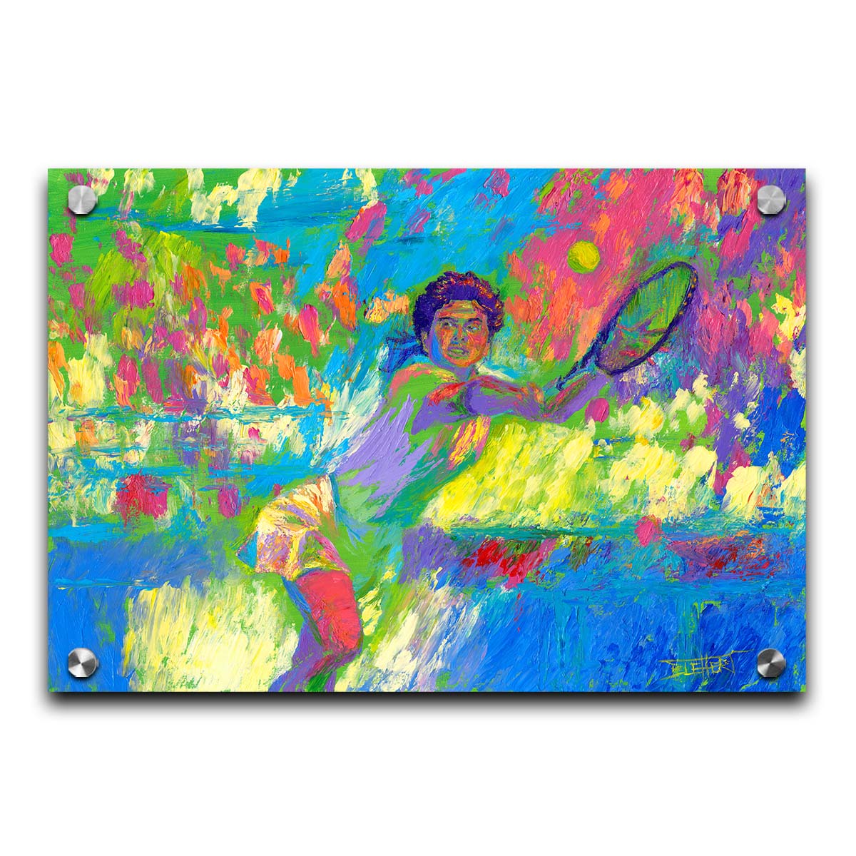 A colorful painting of a tennis player in action, running to hit the ball. Changes in unblended color throughout the background suggest a crowd of fans watching the match. Printed on acrylic.