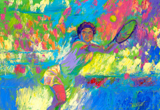A colorful painting of a tennis player in action, running to hit the ball. Changes in unblended color throughout the background suggest a crowd of fans watching the match.