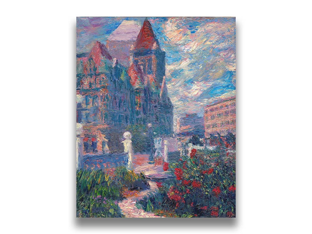 A painting of Saint Paul, Minnesota in the spring. The rose bushes of the garden are blooming. Printed on canvas.