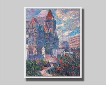 A painting of Saint Paul, Minnesota in the spring. The rose bushes of the garden are blooming. Printed on canvas in a float frame.