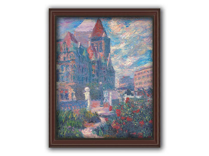 A painting of Saint Paul, Minnesota in the spring. The rose bushes of the garden are blooming. Printed on canvas and framed.