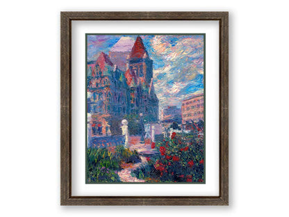 A painting of Saint Paul, Minnesota in the spring. The rose bushes of the garden are blooming. Printed on paper, matted, and framed.