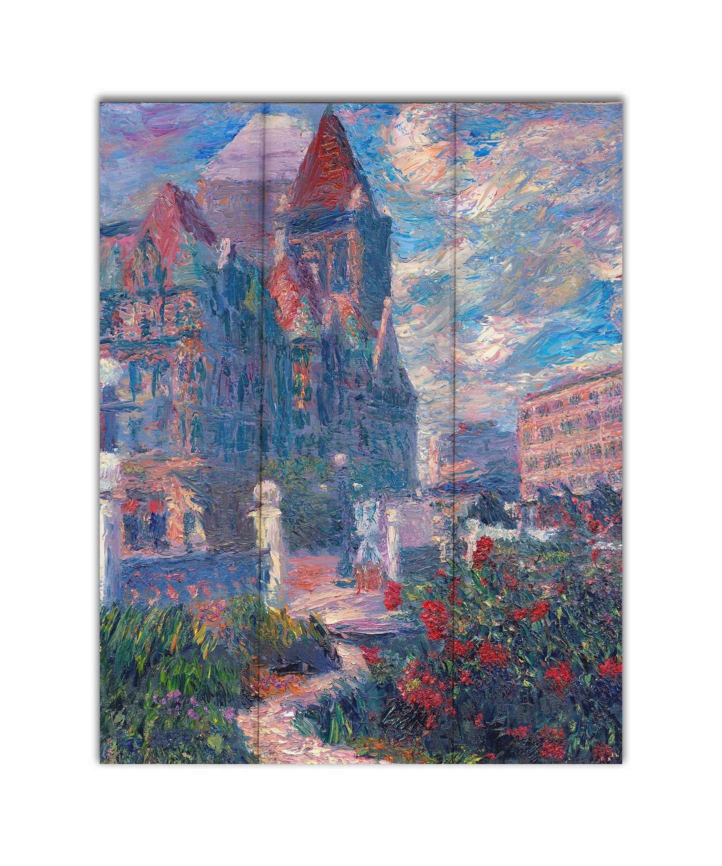 A painting of Saint Paul, Minnesota in the spring. The rose bushes of the garden are blooming. Printed on a box board.