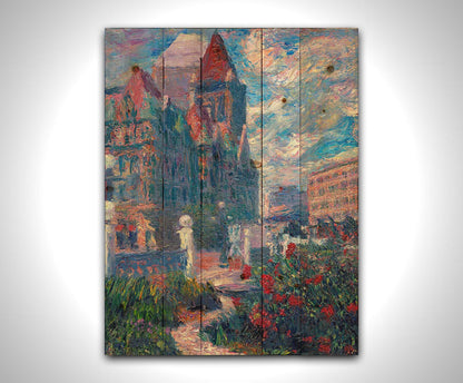 A painting of Saint Paul, Minnesota in the spring. The rose bushes of the garden are blooming. Printed on a wood pallet.