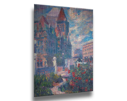 A painting of Saint Paul, Minnesota in the spring. The rose bushes of the garden are blooming. Printed on metal.