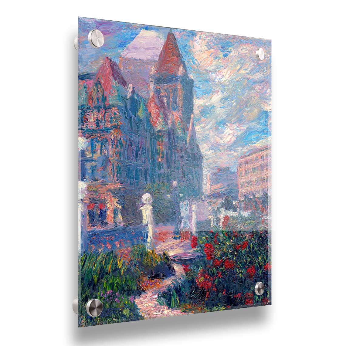 A painting of Saint Paul, Minnesota in the spring. The rose bushes of the garden are blooming. Printed on acrylic.