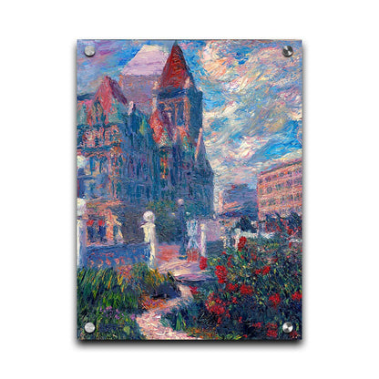 A painting of Saint Paul, Minnesota in the spring. The rose bushes of the garden are blooming. Printed on acrylic.