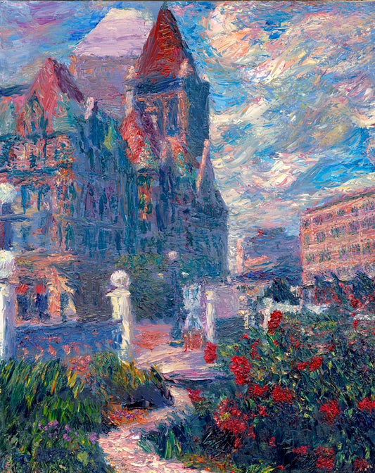 A painting of Saint Paul, Minnesota in the spring. The rose bushes of the garden are blooming.