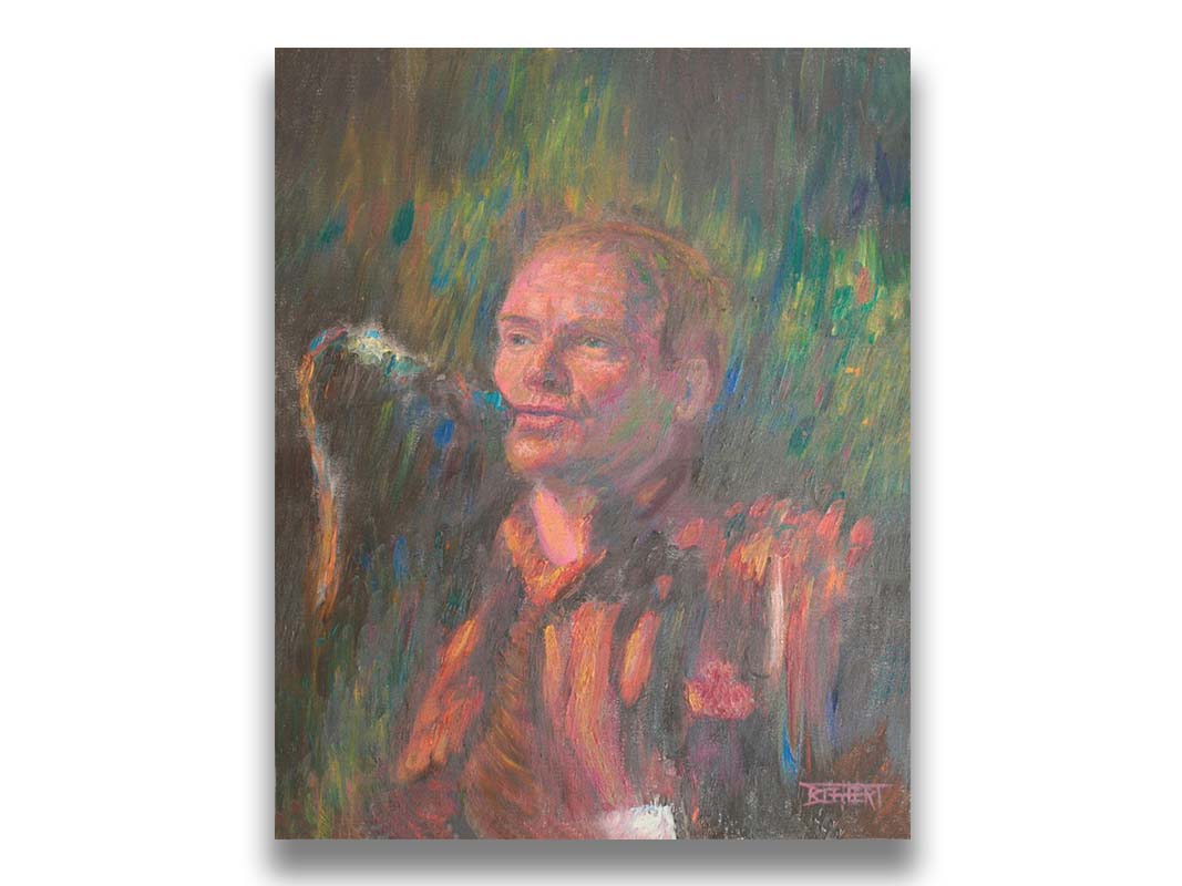 A painting of the musician Sting performing in front of a microphone. Printed on canvas.