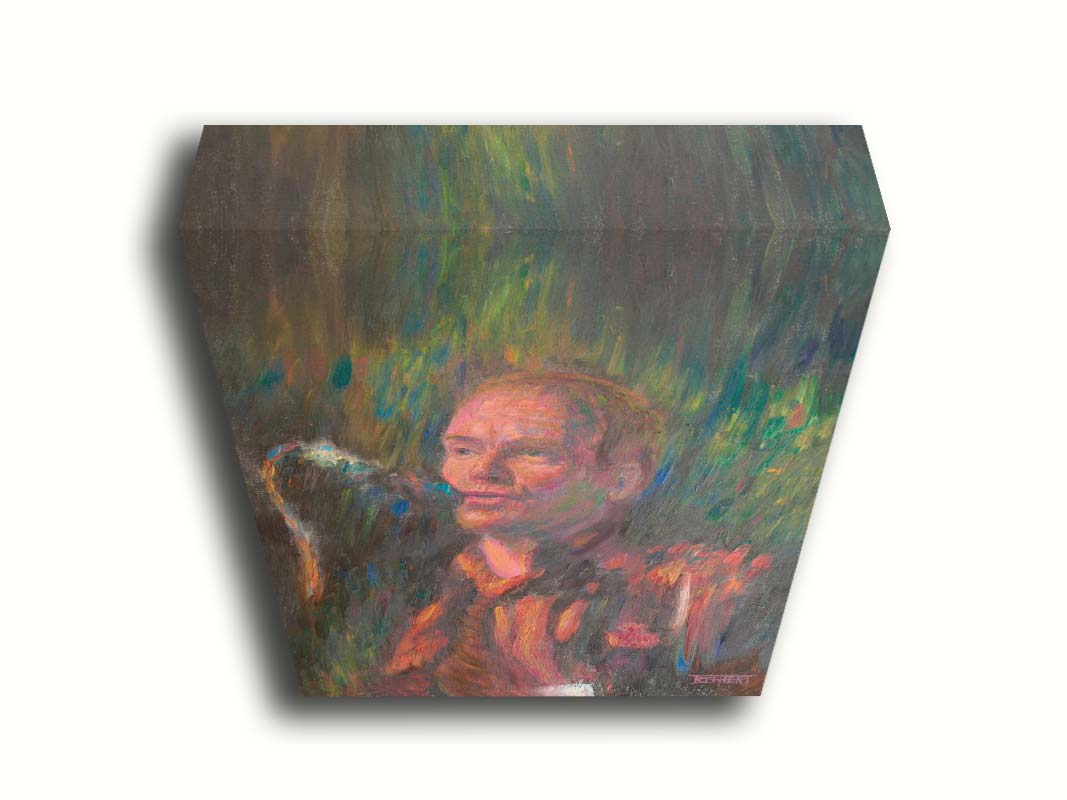 A painting of the musician Sting performing in front of a microphone. Printed on canvas.