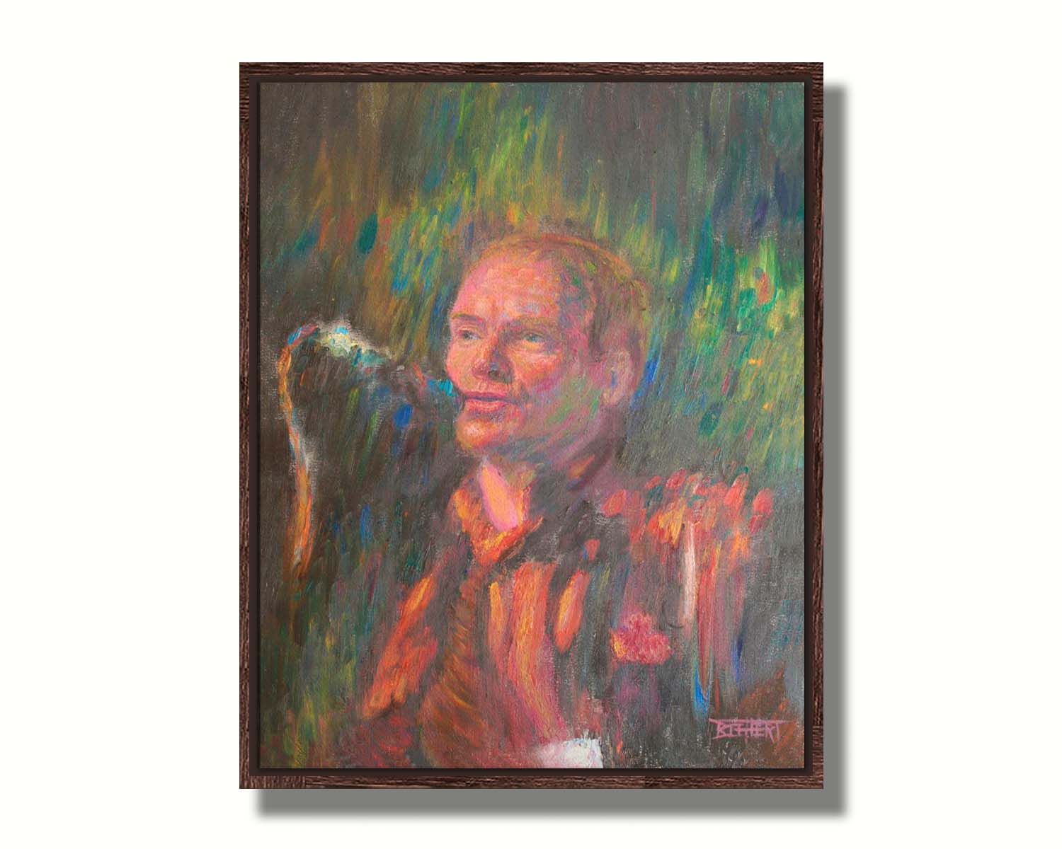 A painting of the musician Sting performing in front of a microphone. Printed on canvas in a float frame.