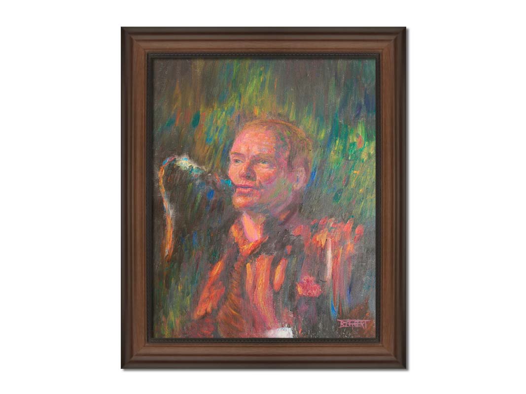 A painting of the musician Sting performing in front of a microphone. Printed on canvas and framed.