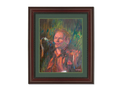 A painting of the musician Sting performing in front of a microphone. Printed on paper, matted, and framed.