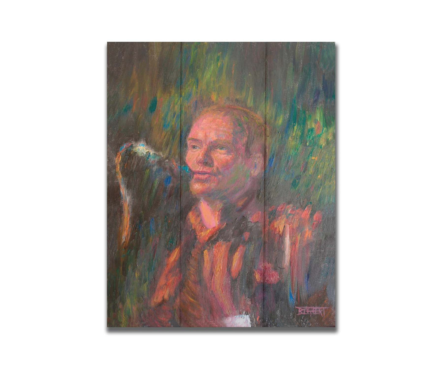 A painting of the musician Sting performing in front of a microphone. Printed on a box board.