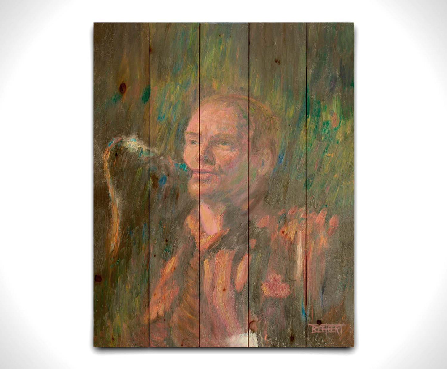 A painting of the musician Sting performing in front of a microphone. Printed on a wood pallet.