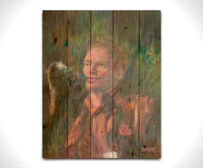 A painting of the musician Sting performing in front of a microphone. Printed on a wood pallet.