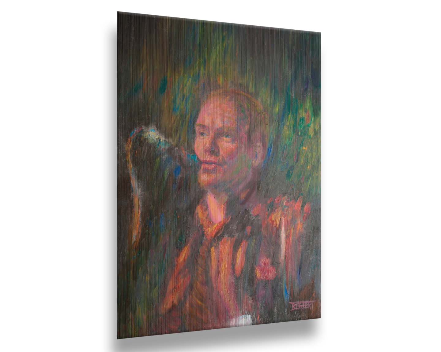 A painting of the musician Sting performing in front of a microphone. Printed on metal.