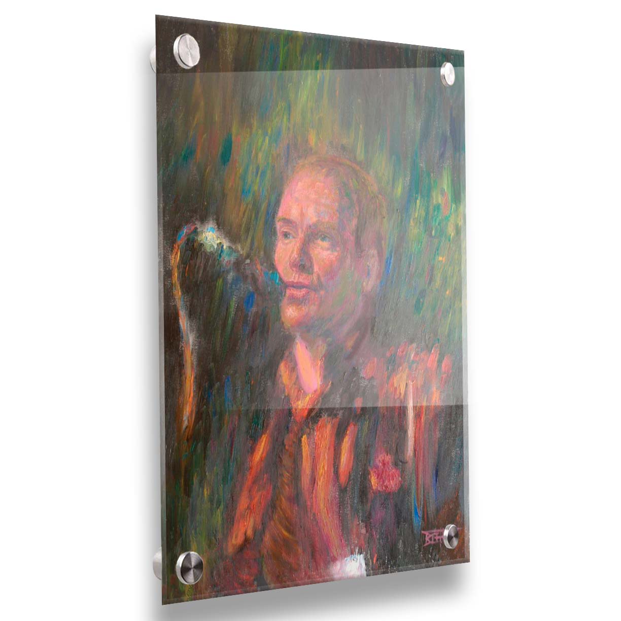 A painting of the musician Sting performing in front of a microphone. Printed on acrylic.