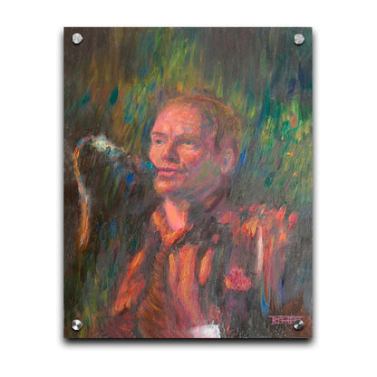 A painting of the musician Sting performing in front of a microphone. Printed on acrylic.