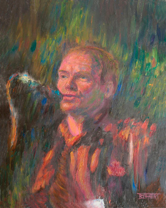 A painting of the musician Sting performing in front of a microphone. 