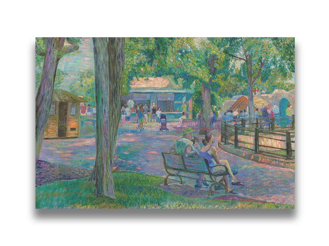 A painting of a zoo scene, with some families exploring the exhibits and shops, and others resting on the benches in the shade. Printed on canvas.