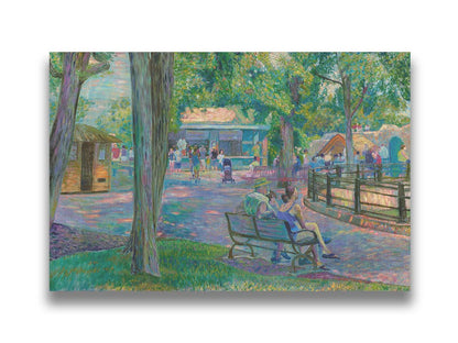 A painting of a zoo scene, with some families exploring the exhibits and shops, and others resting on the benches in the shade. Printed on canvas.