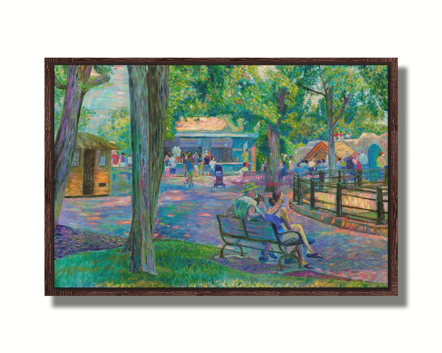 A painting of a zoo scene, with some families exploring the exhibits and shops, and others resting on the benches in the shade. Printed on canvas in a float frame.