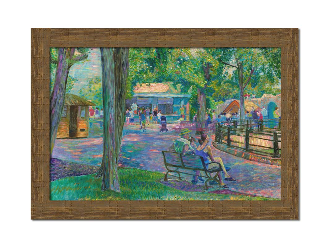 A painting of a zoo scene, with some families exploring the exhibits and shops, and others resting on the benches in the shade. Printed on canvas and framed.