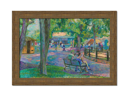 A painting of a zoo scene, with some families exploring the exhibits and shops, and others resting on the benches in the shade. Printed on canvas and framed.