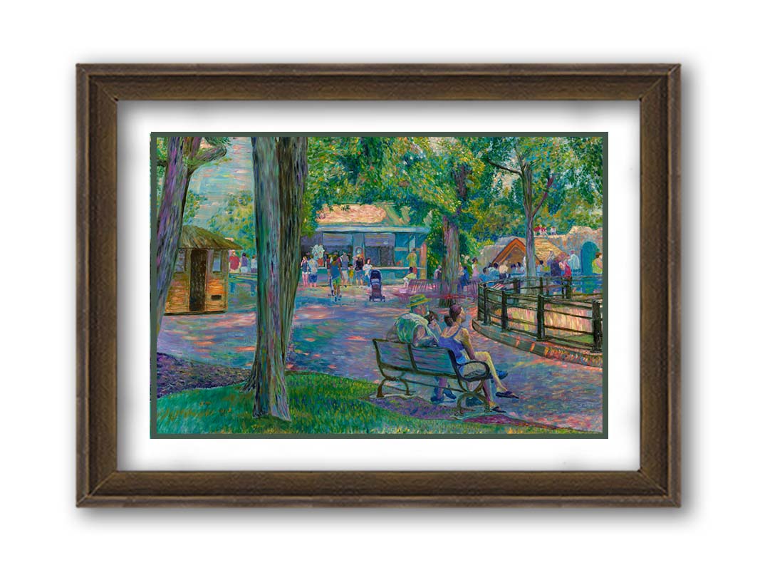 A painting of a zoo scene, with some families exploring the exhibits and shops, and others resting on the benches in the shade. Printed on paper, matted, and framed.