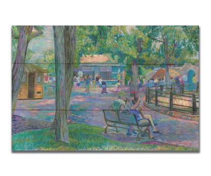 A painting of a zoo scene, with some families exploring the exhibits and shops, and others resting on the benches in the shade. Printed on a box board.